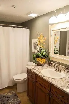 a bathroom with a sink and a toilet and a mirror at Peaks and Tide - Majestic Beach Resort in Panama City Beach