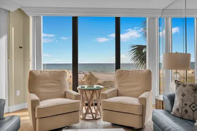 a living room with two chairs and a view of the ocean at Edgewater Resort! 2BR Sleeps 8! 1st Floor Condo! by Dolce Vita Getaways PCB in Panama City Beach