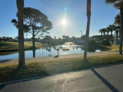 a view of a river with palm trees in a park at Mermaid's Den in Panama City Beach