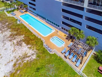 an overhead view of the pool at the resort at Ocean Reef Starfish in Panama City Beach