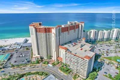 an aerial view of a resort near the ocean at Blue Skies at Shores in Panama City Beach