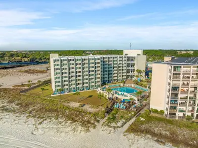 an aerial view of the hotel and the beach at Beach Front Ocean Front Condo Top of the Gulf 516 in Panama City Beach