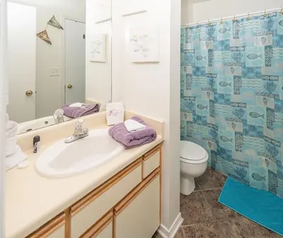 a bathroom with a sink and a toilet and a shower at Sea This Way in Panama City Beach