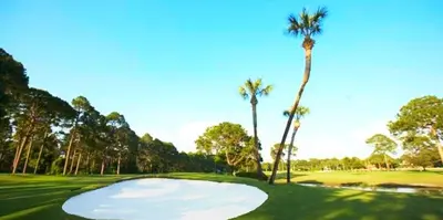 a golf course with palm trees and a golf hole at Sea This Way in Panama City Beach