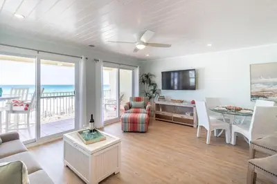 a living room with a view of the ocean at Eastern Shores 206 l Beachfront l Pristine Beach Views l 2 Bikes included in Santa Rosa Beach
