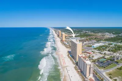 an aerial view of the beach and the ocean at Emerald Isle l Beachfront l Amazing beach views l Heated Community Pool l Fitness center in Panama City Beach