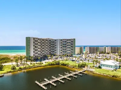 an aerial view of a resort with a marina at Sunshine at PP A-914 in Panama City Beach