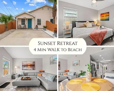 a collage of photos of a bedroom and a villa at 4 Min Walk to Sand - 2BR - King Bed - Private Yard in Panama City Beach