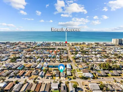 an aerial view of a beach area with houses and the ocean at The Sand Dollar - King Bed - 6 Min Walk to Beach in Panama City Beach