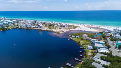an aerial view of a beach and the ocean at Magnolia Tides l 6 Bedroom l Private Pool l South of 30A l Santa Rosa Beach in Santa Rosa Beach