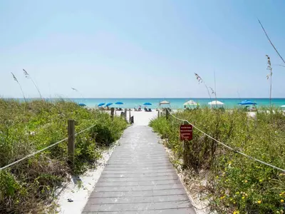 a walkway to the beach with umbrellas and the ocean at Dunes of Panama #D702 in Panama City Beach