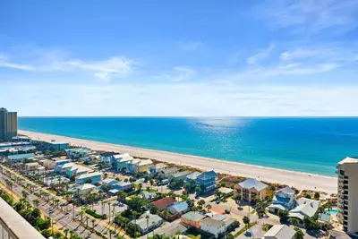 an aerial view of a beach and the ocean at 3 BD Gulf View Resort Condo! 5 Pools! Beach Access by Dolce Vita Getaways in Panama City Beach