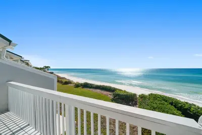 a balcony with a view of the beach at Seacrest 8 l Beachfront l Bike to Alys and Rosemary Beach in Seacrest