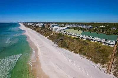 an aerial view of the beach in front of the resort at Seacrest 8 l Beachfront l Bike to Alys and Rosemary Beach in Seacrest