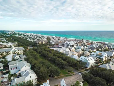 an aerial view of a small town next to the ocean at Twickenham l Heated Community Pool l Private Balcony l Close to Rosemary in Rosemary Beach