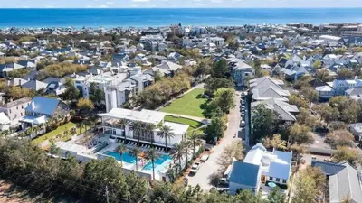 an aerial view of a city with houses and the ocean at Luxury Rosemary 4BR Villa with Private Pool in Rosemary Beach