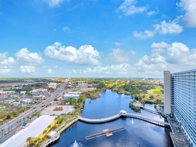 an aerial view of a river in a city at Laketown Wharf 2031 in Panama City Beach