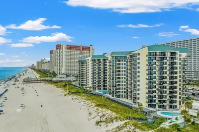 an aerial view of a beach and buildings at Amazing Gulf Views! Resort! Beach Chair Service by Dolce Vita Getaways PCB in Panama City Beach
