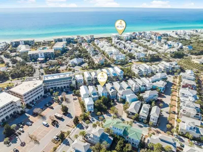 an aerial view of a city with a hot air balloon at Sea La Vie on 30A in Rosemary Beach