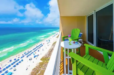a balcony with a view of the beach at Emerald Beach 1628 by Emerald Coast Retreats in Panama City Beach