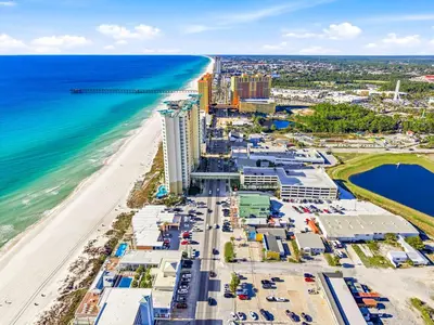 an aerial view of the beach and the ocean at The Ambassador - Unit C5 - Studio King - On Pool Deck in Panama City Beach