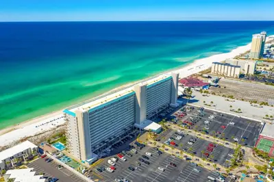 an aerial view of the beach and buildings at Summit 1417 Beach Resort - Amazing Balcony Views in Panama City Beach
