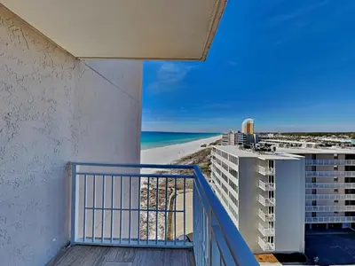 a balcony with a view of the beach at Dunes of Panama #D801 in Panama City Beach