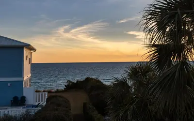 a view of the ocean with a house and a palm tree at Ethridge House in Santa Rosa Beach