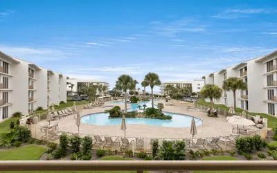 an aerial view of a courtyard with a swimming pool at High Pointe Unit 2-223 in Rosemary Beach