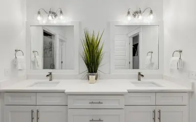 a white bathroom with two sinks and a potted plant at Occasionally Luxe in Seacrest