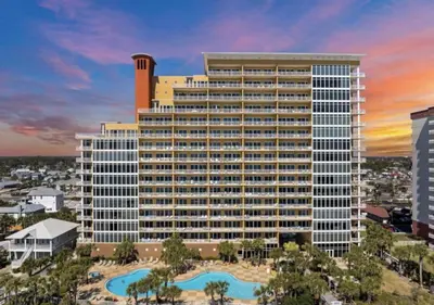 a rendering of a large building with a pool at Gulf-Front Paradise, Steps to Beach & Pool Access in Panama City Beach