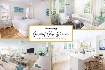 a collage of photos of a bedroom and a living room at Second Star Shores in Watersound Beach