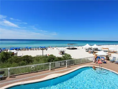 a view of a swimming pool and the beach at Seychelles 407 in Panama City Beach