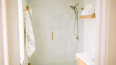 a bathroom with a shower with a shower curtain at 2 Condos Steps to Beach Ocean View Heated Pool The Sea Chord Salt Haus in Watersound Beach