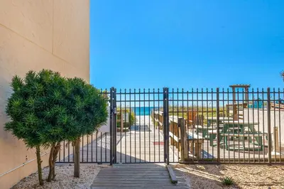 a fence with a tree in front of a playground at Moondrifter 205 in Panama City Beach
