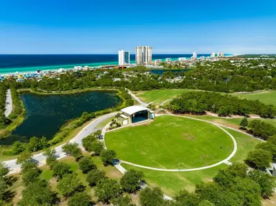 an aerial view of a park next to the ocean at Pet Friendly Beach House - Beachside Sunrise in Panama City Beach