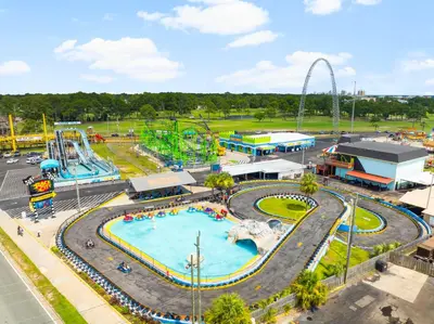 an aerial view of an amusement park with a pool at Pet Friendly Beach House - Beachside Sunrise in Panama City Beach