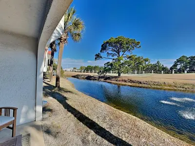 a river with a palm tree next to a building at Edgewater Villa #1902 in Panama City Beach