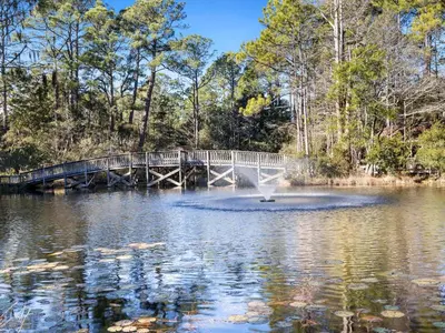 a bridge over a pond with a fountain at Cassine Gardens #101 in Seagrove Beach
