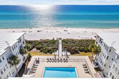 an aerial view of the beach from a hotel at Casablanca By The Sea by 30A Escapes in Rosemary Beach