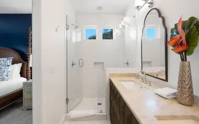 a bathroom with a sink and a shower at 30A Stars and Stripes in Seagrove Beach