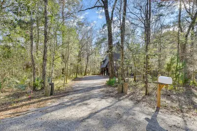 a road leading to a cabin in the woods at Near Hiking! Angler Oasis with Hot Tub in Florida