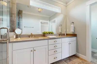 a bathroom with two sinks and a large mirror at New Cottage Near 30A Rosemary Beach with 2 Master Suites in Inlet Beach