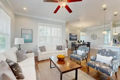 a living room with a white couch and a table at New Cottage Near 30A Rosemary Beach with 2 Master Suites in Inlet Beach