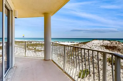 a balcony with a view of the beach at Gulf-front 3-bedroom condo with balconies off each bedroom & pickleball in Santa Rosa Beach