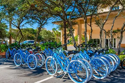 a row of blue bikes parked in a parking lot at Coastal condo with lagoon pool bike rentals tennis pickleball & beach access in Seacrest