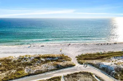 an aerial view of the beach and the ocean at Beachview studio with full kitchen shared pool and beach access in Santa Rosa Beach