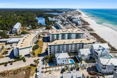 an aerial view of the resort and the beach at Oceanfront condo with pool hot tub sauna gym bikes tennis - lovely balcony in Santa Rosa Beach