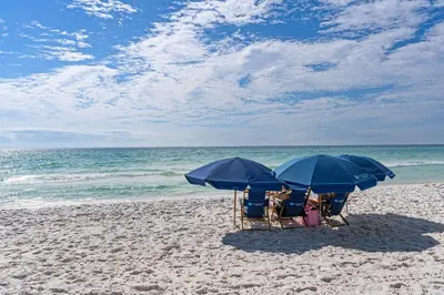two chairs and two blue umbrellas on a beach at Ground floor beachfront condo with shared pool and beach access in Santa Rosa Beach