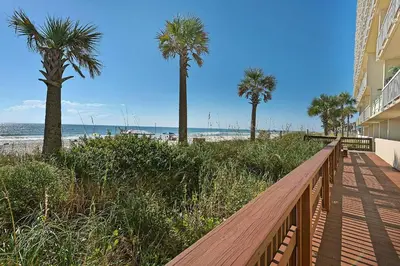 a wooden walkway to the beach with palm trees at Celadon 309 in Panama City Beach